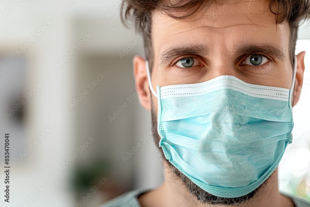 A closeup shot of the face mask worn by an attractive man with short hair and stubble, wearing light blue medical in his home office A closeup shot of the face mask worn by an attractive man with short hair and stubble, wearing light blue medical in his home office