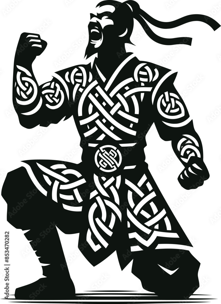 chinese warior in silhouete with celtic knot pattern illustration chinese warior in silhouete with celtic knot pattern illustration