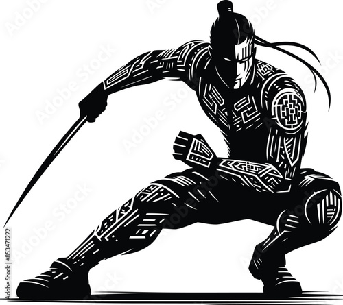 chinese warior silhouete with cyberpunk pattern illustration