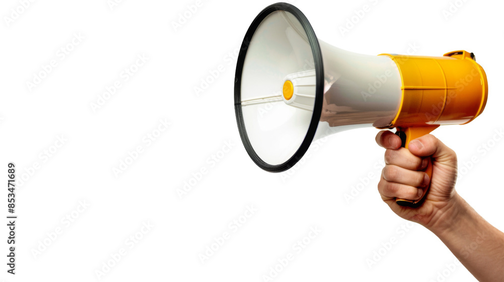 Naklejka premium Hand holding a megaphone on white background