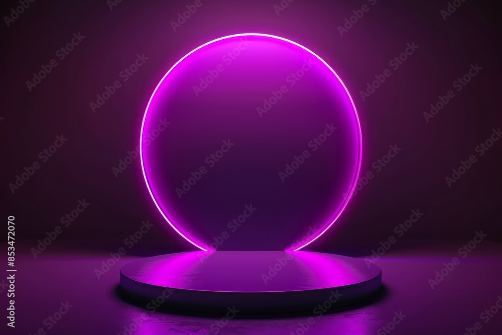 Abstract purple glowing light on a neon podium background with a round shape for product presentation, technology, and science concept Abstract purple glowing light on a neon podium background with a round shape for product presentation, technology, and science concept