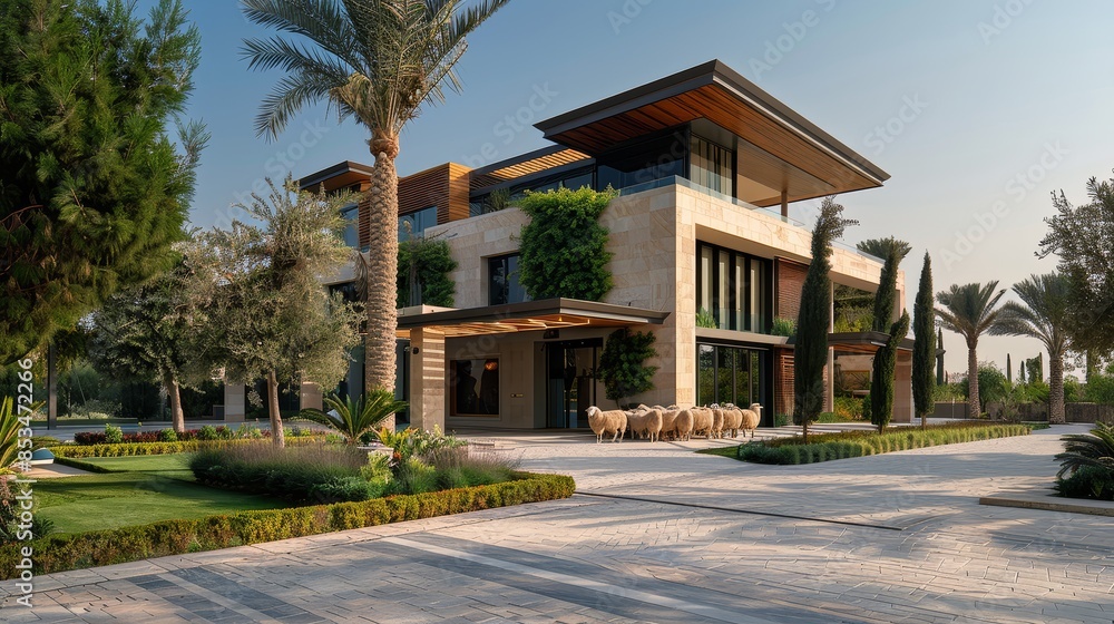 Obraz premium Modern Villa with Sheep and Lush Greenery - A modern, luxurious villa with a stone facade, wooden accents, and lush greenery surrounding it. A line of sheep stand in the driveway.