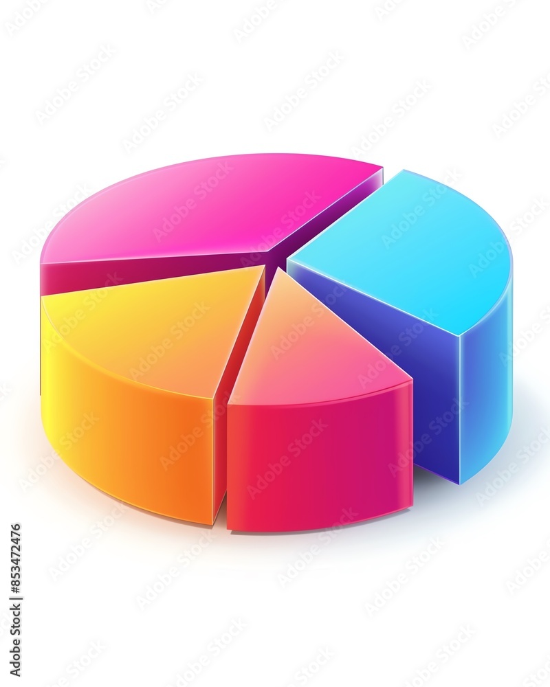 Obraz premium Colorful 3D pie chart with various segments representing data visualization and business statistics in isolated white background.