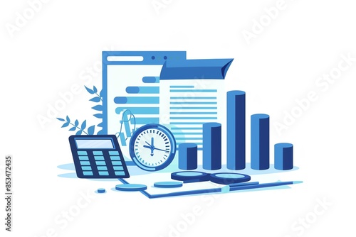 Business analysis concept with calculator, clock, graph, and documents. Ideal for financial, accounting, and strategy visuals.