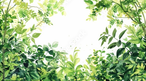 Watercolor Green Leaves Frame - Green watercolor leaves create a border around a blank white space in a botanical illustration.