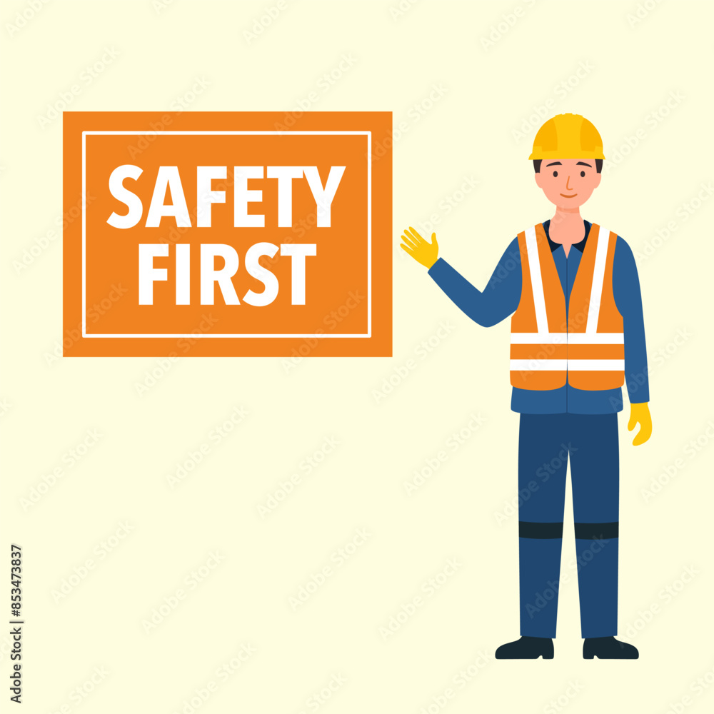 Safety First Concept vector. Worker showing a safety first sign. Safety First Concept vector. Worker showing a safety first sign.