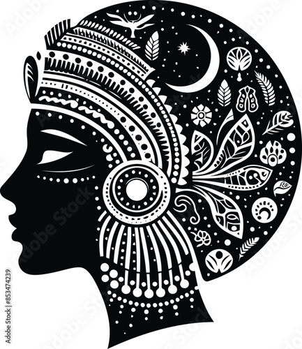 cleopatra in silhouete with bohemian nature pattern illustration