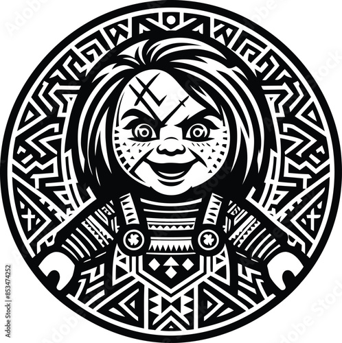 killer doll  in silhouete with Polynesian ethnic pattern illustration