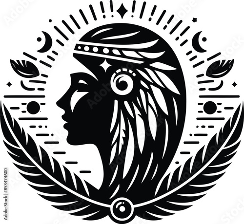 cleopatra in silhouete with bohemian nature pattern illustration