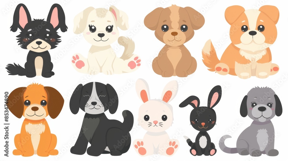 Obraz premium Adorable Pet Clipart Collection - Dogs, Cats, Rabbits, and Furry Companions for Design Projects