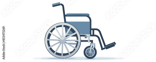 A detailed illustration of a modern wheelchair featuring large rear wheels and small front wheels, designed for mobility and comfort.