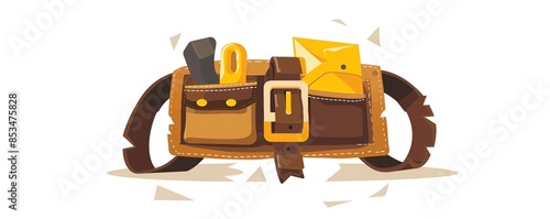 Illustration of a leather tool belt with various pockets and tools, ideal for construction, handyman, or DIY-themed projects. photo