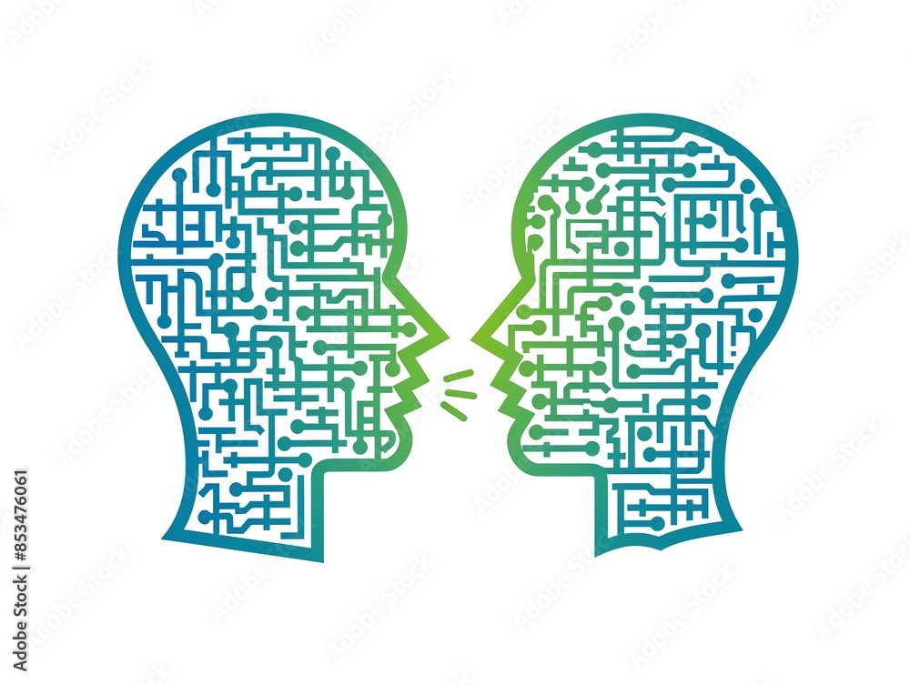 Two abstract human head silhouettes with interconnected circuit patterns symbolizing technological communication and artificial intelligence. Two abstract human head silhouettes with interconnected circuit patterns symbolizing technological communication and artificial intelligence.