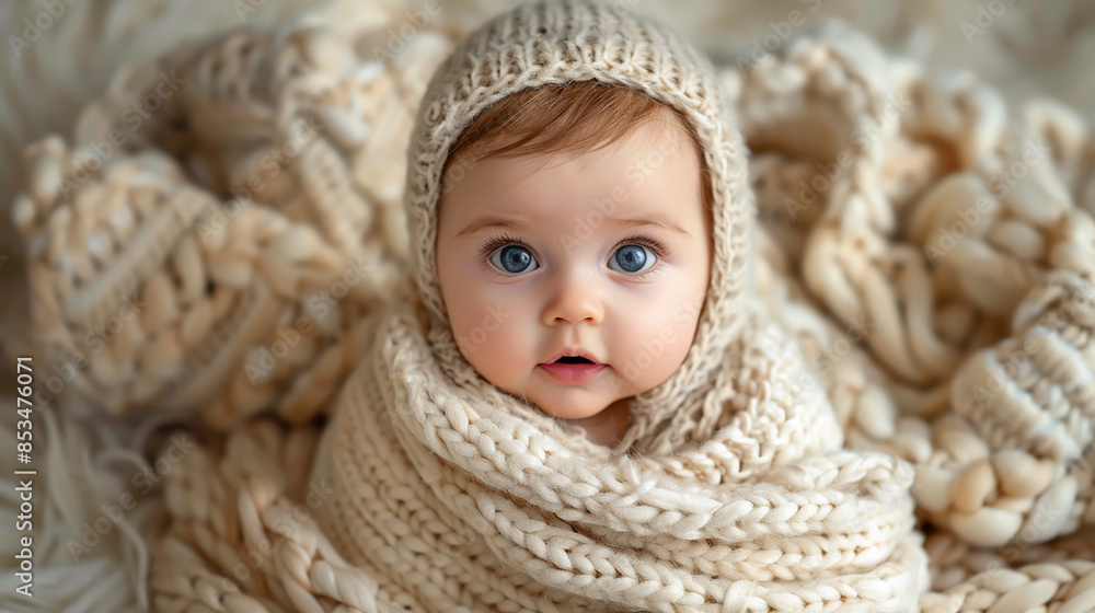 Adorable Baby with Big Blue Eyes Wrapped in Cozy Knitted Blanket and Hat Adorable Baby with Big Blue Eyes Wrapped in Cozy Knitted Blanket and Hat