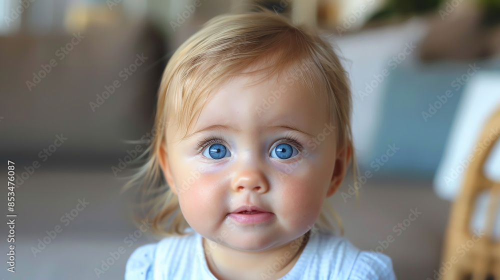 Adorable Baby with Blue Eyes and Fluffy Hair in a Softly Lit Room Adorable Baby with Blue Eyes and Fluffy Hair in a Softly Lit Room