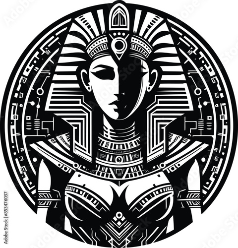 cleopatra silhouete with cyberpunk pattern illustration