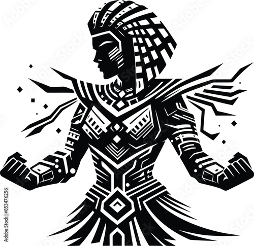 cleopatra silhouete with cyberpunk pattern illustration