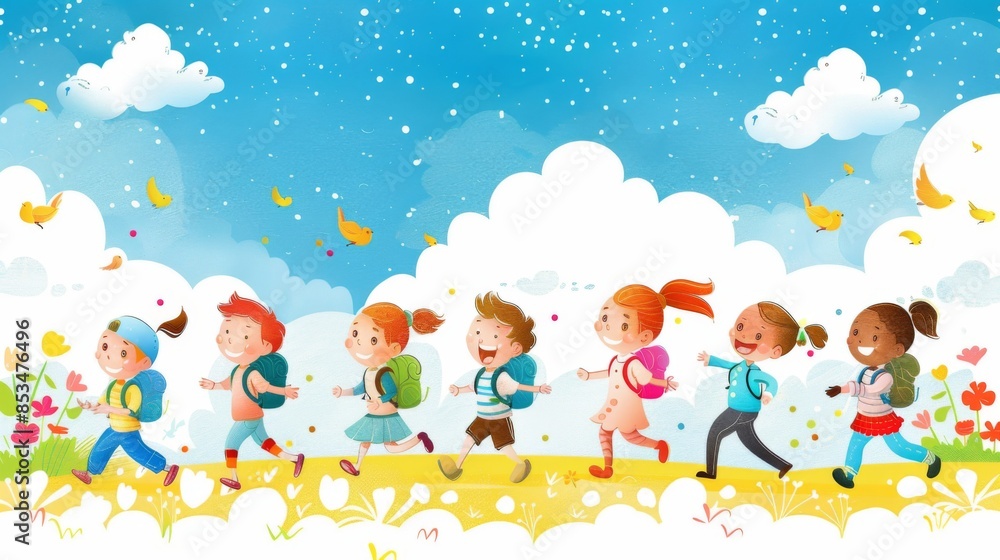 Flat illustration, horizontal banner. A group of pupils in colored clothes with school bags and backpacks run from school across the field smiling. Holidays, end of school year, free space for text Flat illustration, horizontal banner. A group of pupils in colored clothes with school bags and backpacks run from school across the field smiling. Holidays, end of school year, free space for text