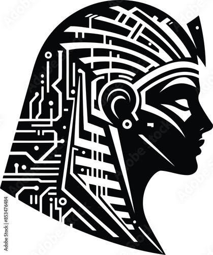 cleopatra silhouete with cyberpunk pattern illustration