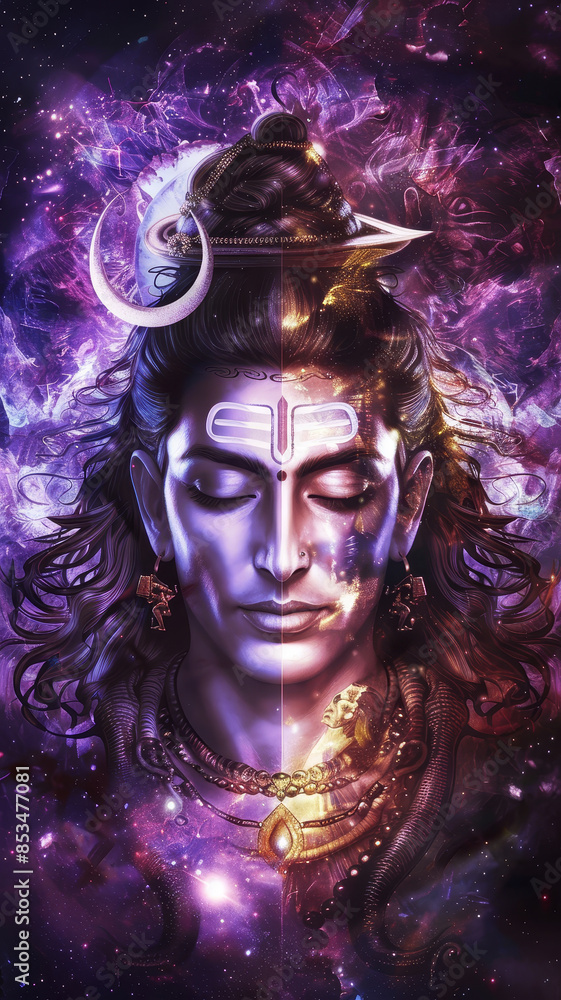 Cosmic Shiva: A Digital Portrait of the Hindu Deity - A digitally-painted image of Shiva, a prominent deity in Hinduism, depicted as a powerful and spiritual figure amidst a swirling cosmic backdrop. Cosmic Shiva: A Digital Portrait of the Hindu Deity - A digitally-painted image of Shiva, a prominent deity in Hinduism, depicted as a powerful and spiritual figure amidst a swirling cosmic backdrop.