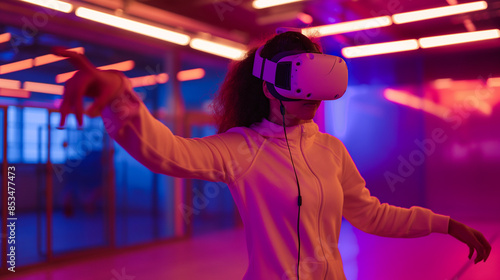 Young people grads using VR headset, sports training facility, exercising