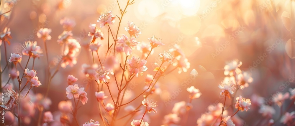 Pink blossoms under a golden sunset, dreamy and peaceful mood, wide banner with ample room for copy Pink blossoms under a golden sunset, dreamy and peaceful mood, wide banner with ample room for copy