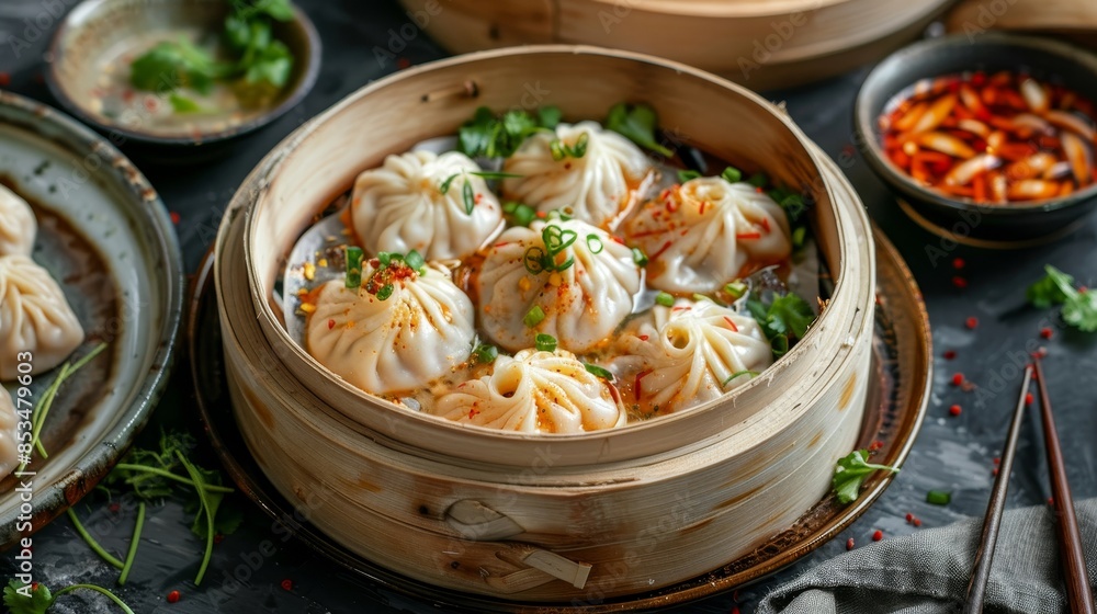 Ready-to-serve spicy soup dumplings, artistically plated, vibrant cultural flavors, colorful presentation, appetizing and rich Ready-to-serve spicy soup dumplings, artistically plated, vibrant cultural flavors, colorful presentation, appetizing and rich