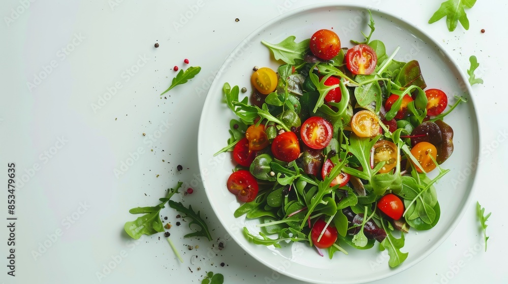 Ready-to-serve green salad on a white table, colorful and fresh, simple and elegant banner, plenty of copy space Ready-to-serve green salad on a white table, colorful and fresh, simple and elegant banner, plenty of copy space