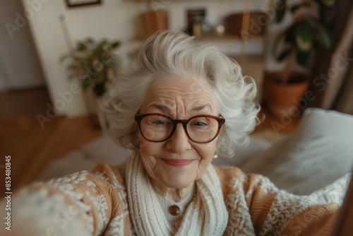 Realistic phone selfie made by a smiling elder european woman at home without filters