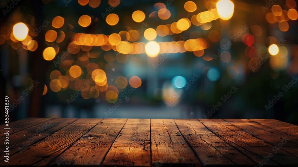 a wooden table with a blurry bokeh background, at night a wooden table with a blurry bokeh background, at night