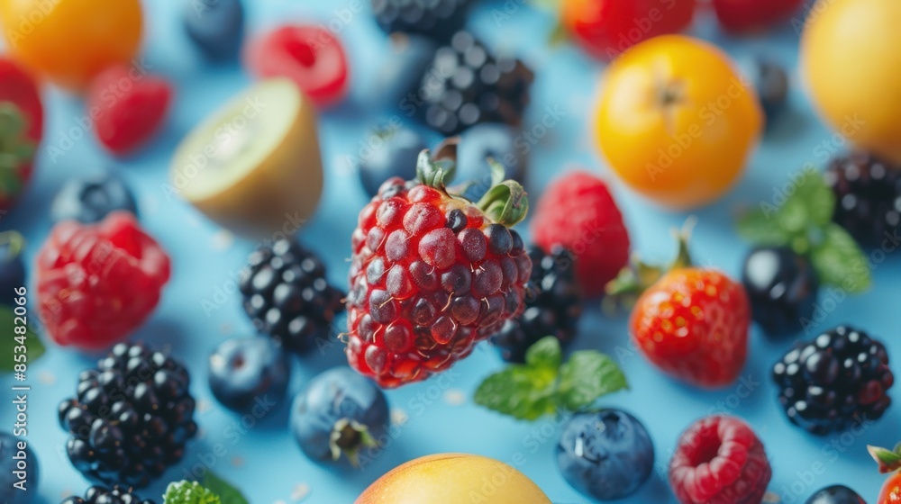 Assorted fresh berries and fruits scattered on a blue background, showcasing vibrant colors and healthy eating. Assorted fresh berries and fruits scattered on a blue background, showcasing vibrant colors and healthy eating.