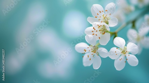 Close-up of white blossoms in soft focus against a turquoise background, highlighting the delicate beauty of spring flowers.