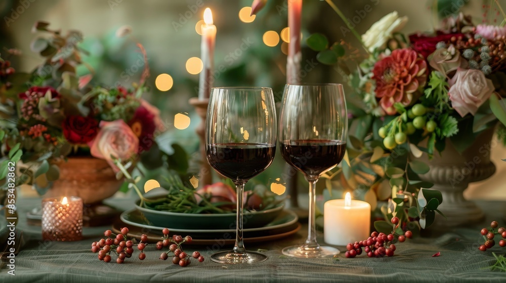 Stunning table arrangement with wine glasses and charming gift decorations, romantic and cozy atmosphere Stunning table arrangement with wine glasses and charming gift decorations, romantic and cozy atmosphere