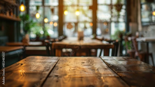 A cozy café interior featuring rustic wooden tables, warm lighting, and a blurred background, creating an inviting atmosphere.