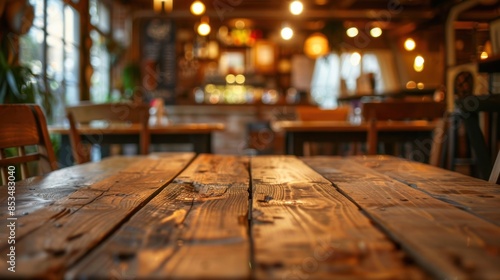 Cozy rustic cafe interior with a wooden table in focus, warm lighting, and blurred background creating a welcoming atmosphere.