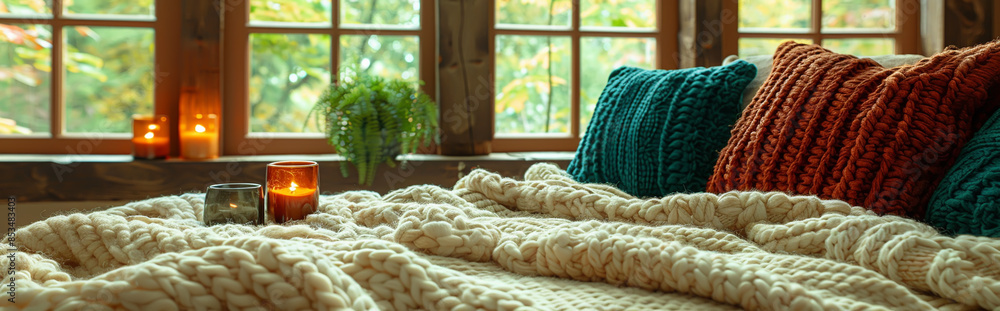 Cozy Knitted Blankets and Pillows by a Window with Autumn Tree View and Candles Cozy Knitted Blankets and Pillows by a Window with Autumn Tree View and Candles