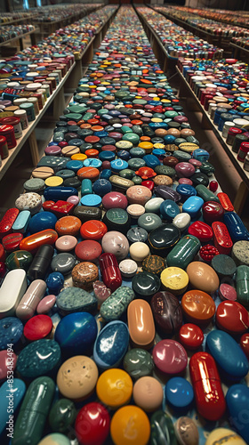 Vibrant Collection of Multicolored Pills and Capsules on Display in a Pharmacy Setting photo