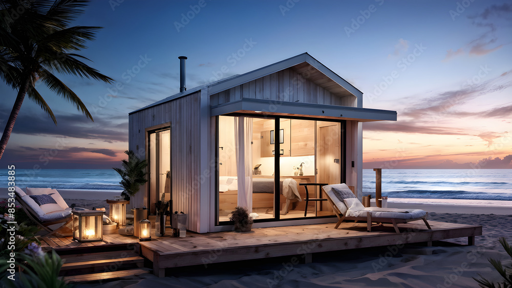 Fototapeta premium A little cottage on the seaside with a comfortable patio for relaxing