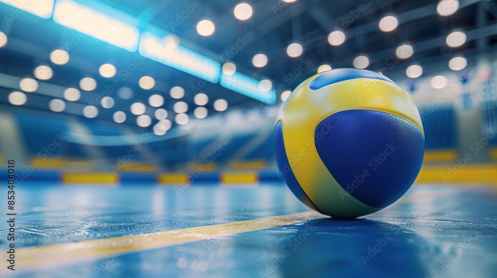 Blue and Yellow Volleyball on Indoor Court with Blurred Stands in Background. Concept for Professional Beach Volleyball Competition, National Championship, or Tournament. Blue and Yellow Volleyball on Indoor Court with Blurred Stands in Background. Concept for Professional Beach Volleyball Competition, National Championship, or Tournament.