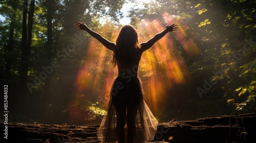 A woman stands with arms outstretched, embracing sunbeams filtering through trees in a mystical forest, radiating a sense of freedom.