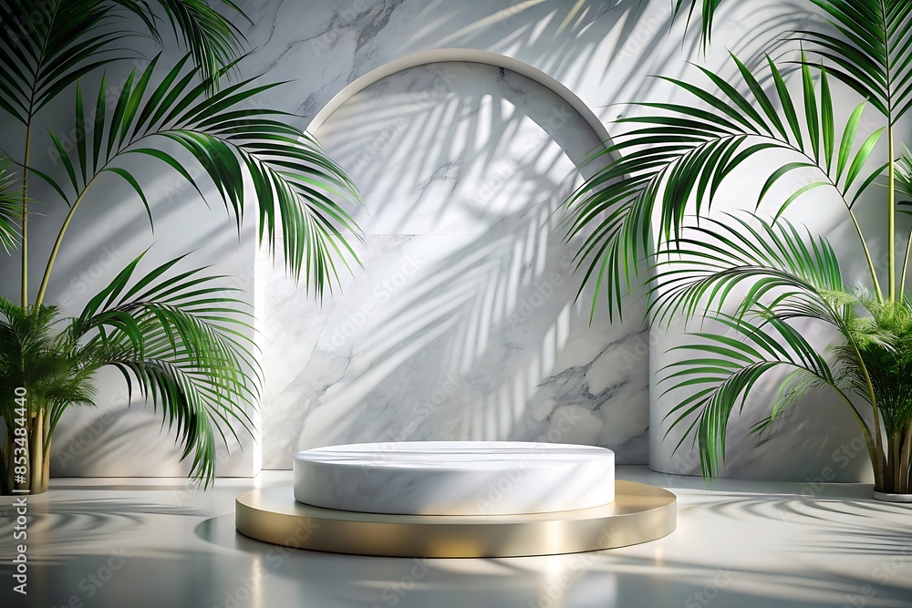 Minimalist Product Display with Palm Leaves and Marble Background. Minimalist Product Display with Palm Leaves and Marble Background.