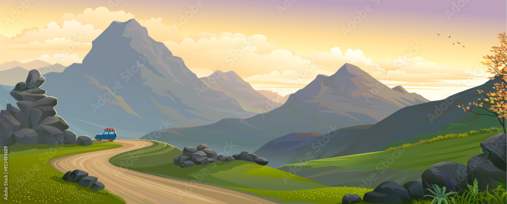 Naklejka premium Safari of meadows, mountains, and a beautiful sunset landscape.