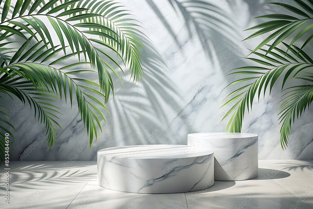 Marble Pedestal With Palm Leaves And Shadows. Marble Pedestal With Palm Leaves And Shadows.