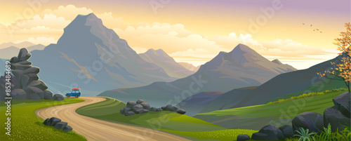 Safari of meadows, mountains, and a beautiful sunset landscape.