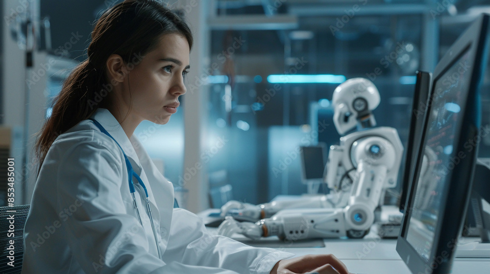 Side view doctor women using computer with AI artificial intelligence in modern medical technology and IOT automation. Side view doctor women using computer with AI artificial intelligence in modern medical technology and IOT automation.