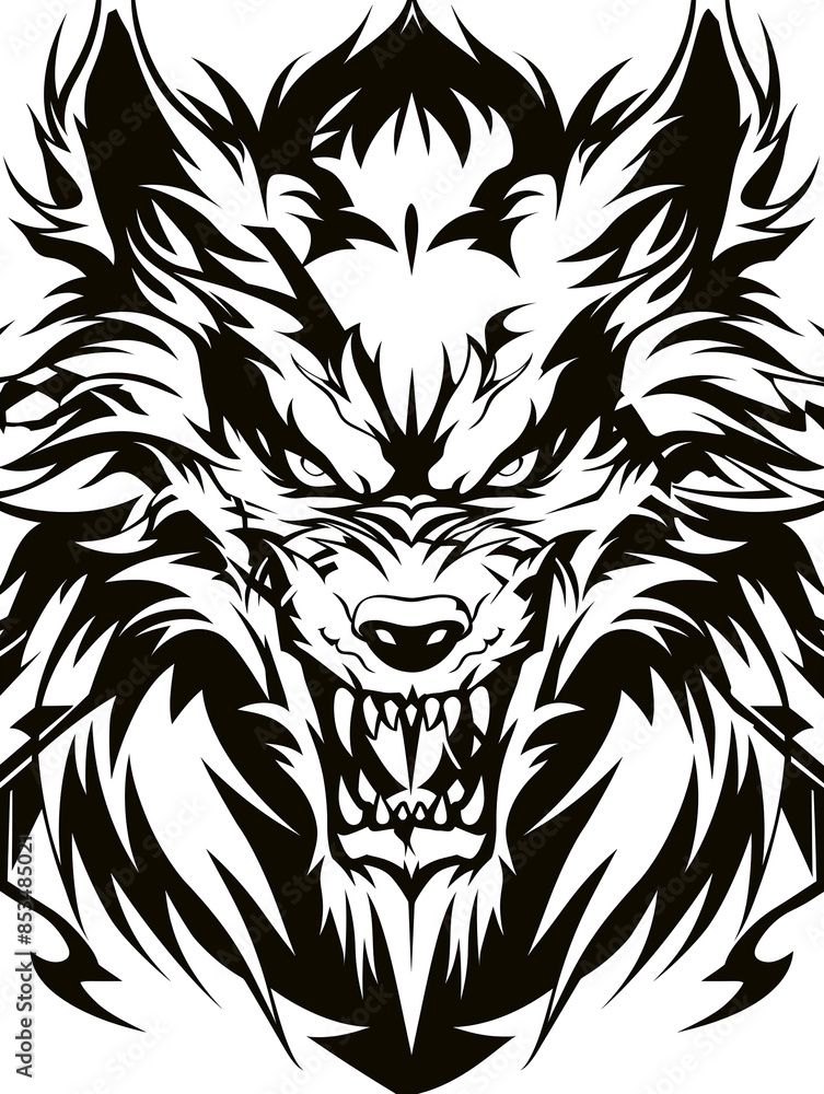 Fototapeta premium A black and white drawing of a wolf with a fierce expression and sharp teeth