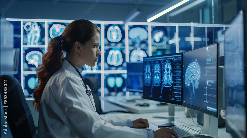 Side view doctor women using computer with AI artificial intelligence in modern medical technology and IOT automation. Side view doctor women using computer with AI artificial intelligence in modern medical technology and IOT automation.