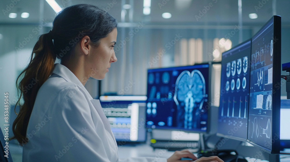 Side view doctor women using computer with AI artificial intelligence in modern medical technology and IOT automation. Side view doctor women using computer with AI artificial intelligence in modern medical technology and IOT automation.
