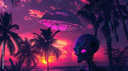 an image of a alien with ufo, with palm trees and a sunset, in the style of neon color palette, tanbi kei, toonami, light black and magenta, eastern and western fusion, punk rock aesthetic photo