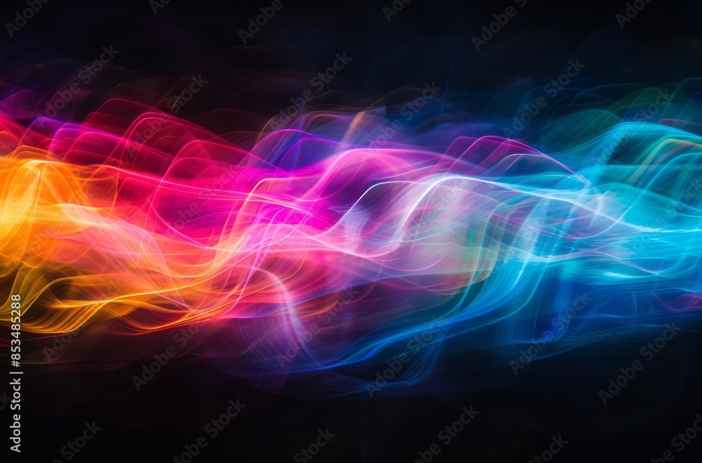 Black background with blurry rainbow prismatic light streaks in the foreground Black background with blurry rainbow prismatic light streaks in the foreground